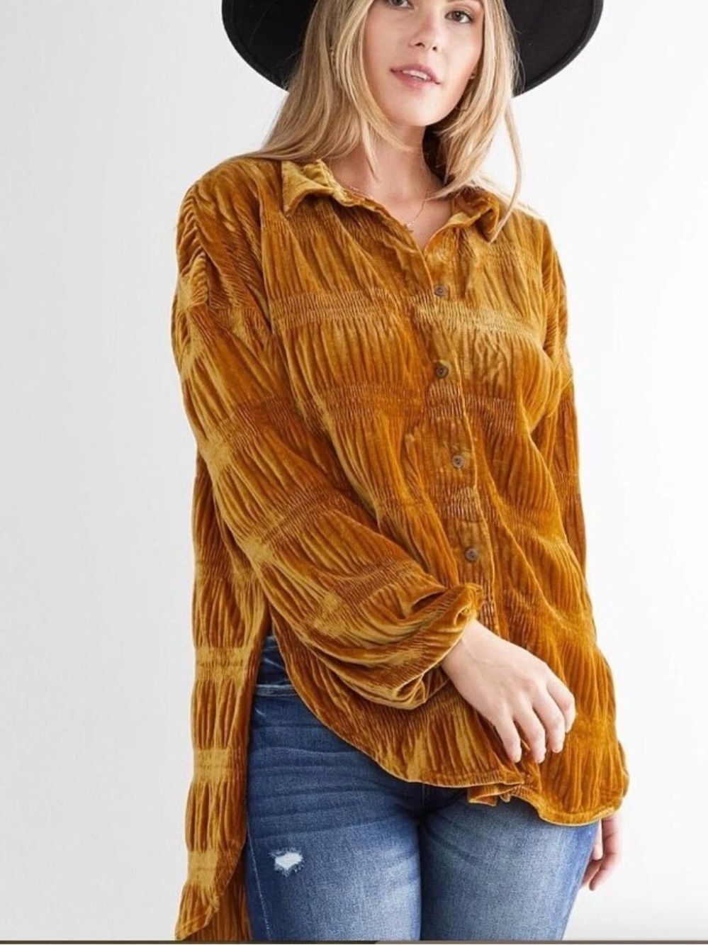 Free People My Best Top XL Gold Crinkle Velvet Blouse‎ Shimmer Button Front Boho
